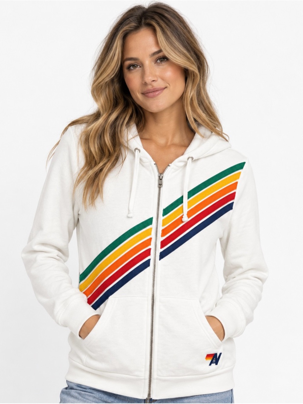 Aviator Nation Disco Stitch 5 Stripe Zip Hoodie – White – XS